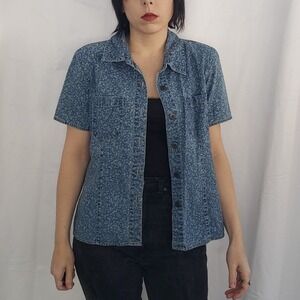 90s‎ Floral Denim Button Down Shirt